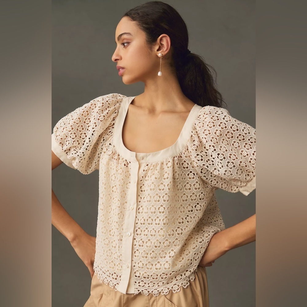 NWT Blue Tassel Puff-Sleeve Lace Blouse